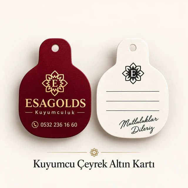 Kuyumcu logosu, adı ve telefonu yazılı bordo altın kartı ile not satırlı beyaz arka yüzü