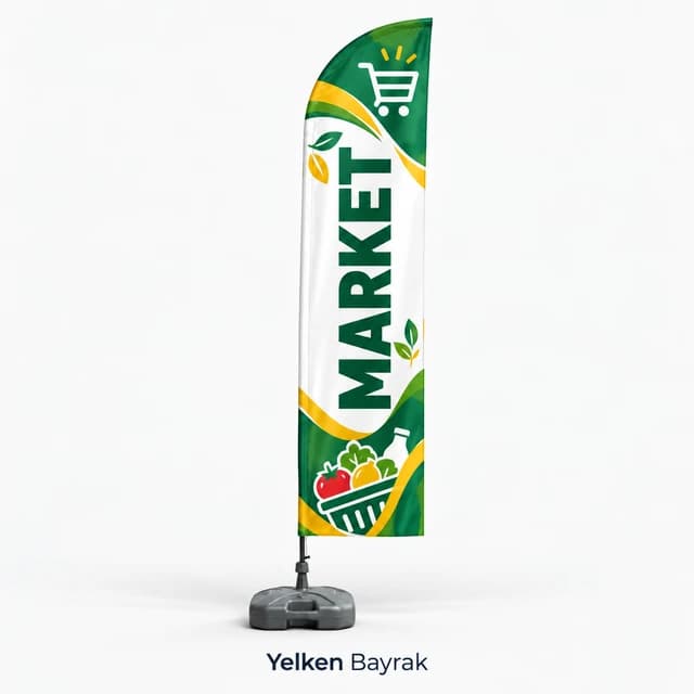 Market yazılı, alışveriş arabası ve sebze sepeti figürlü yeşil beyaz ayaklı yelken bayrak