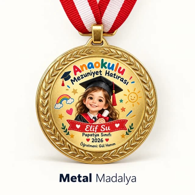 Anaokulu mezuniyet hatırası yazılı, kepli kız çocuk çizimli altın renk madalya