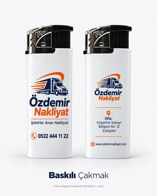 Nakliyat firması için tır figürlü logo ve telefon basılı iki beyaz çakmak