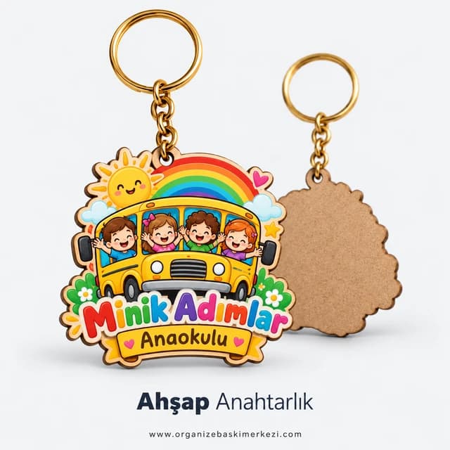 Anaokulu için servis otobüsü ve gökkuşağı çizimli renkli ahşap anahtarlık