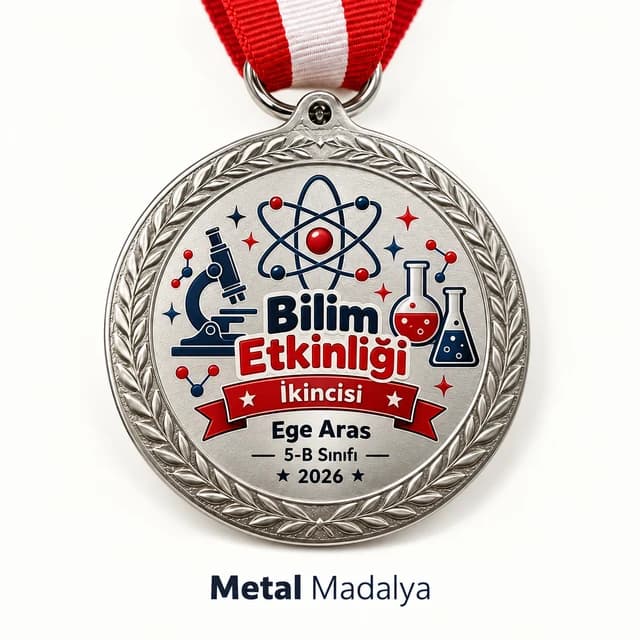 Bilim etkinliği ikincisi yazılı, atom, mikroskop ve deney tüpü çizimli gümüş renk madalya
