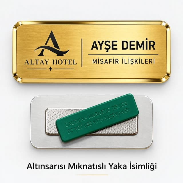 Otel logosu, isim ve misafir ilişkileri unvanı yazılı altın sarısı mıknatıslı yaka isimliği