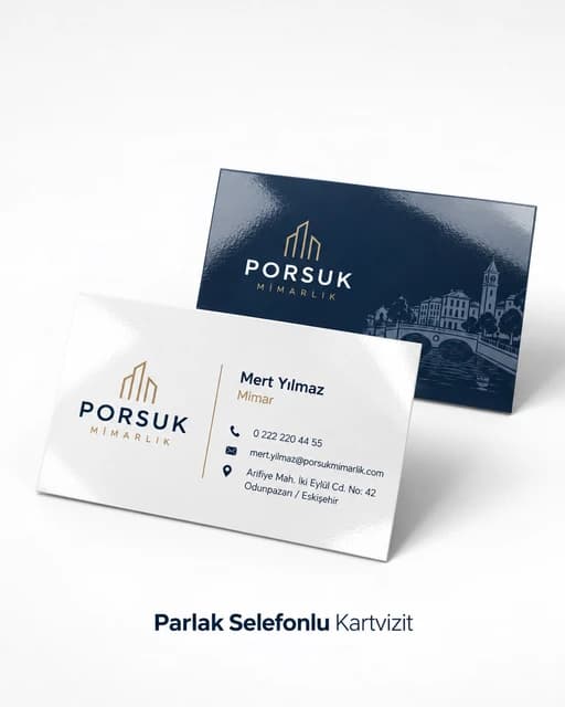 Parlak selefonlu kartvizit örneği, mimarlık ofisi tasarımı