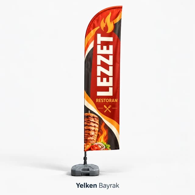 Restoran adı dikey yazılı, alev figürlü ve döner görselli kırmızı siyah ayaklı yelken bayrak