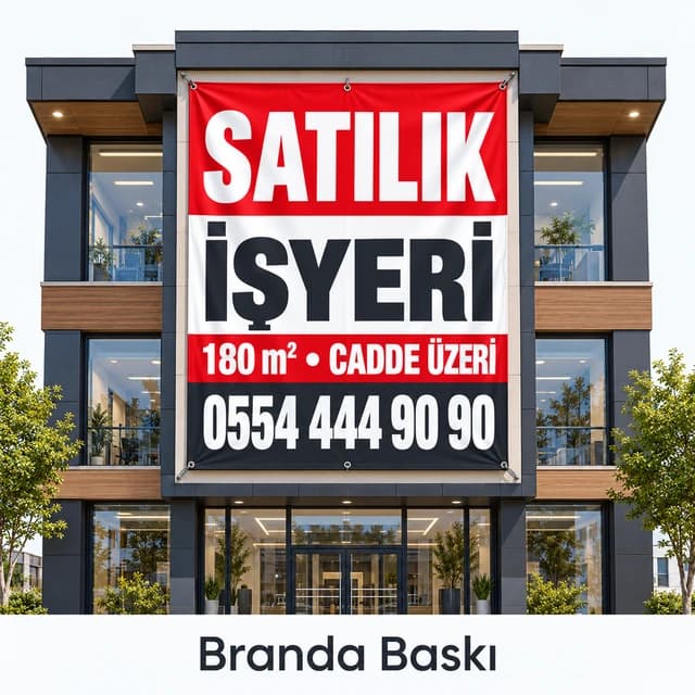 İşyeri binasının cephesinde asılı, metrekare ve telefon yazılı kırmızı siyah satılık işyeri brandası