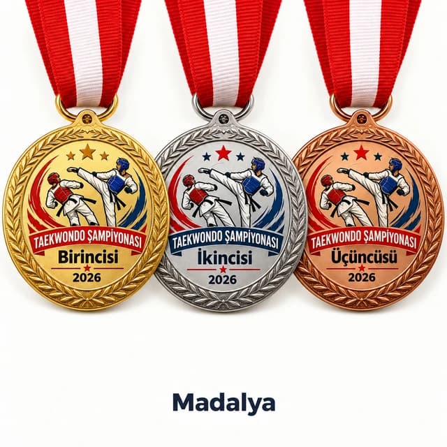 Taekwondo şampiyonası için tekme atan sporcu figürlü altın, gümüş ve bronz madalya seti