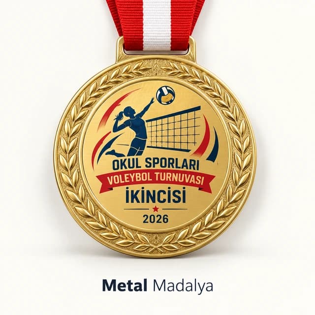 Okul sporları voleybol turnuvası için smaç yapan oyuncu figürlü altın renk madalya