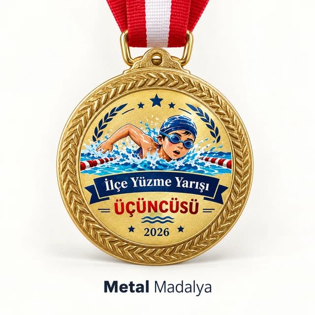 Yüzme yarışı için yüzücü çocuk çizimli, derece baskılı altın renk madalya