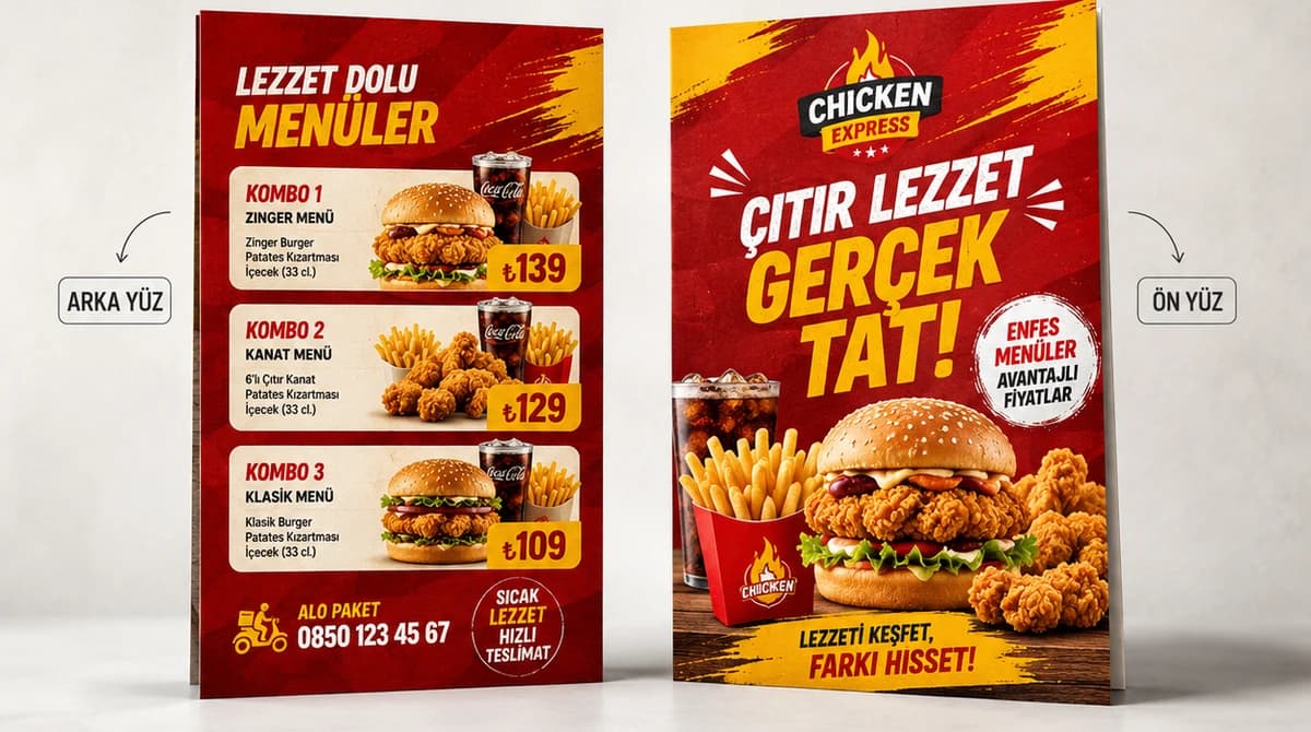 A5 çift yön broşür baskı örneği, ön ve arka yüz