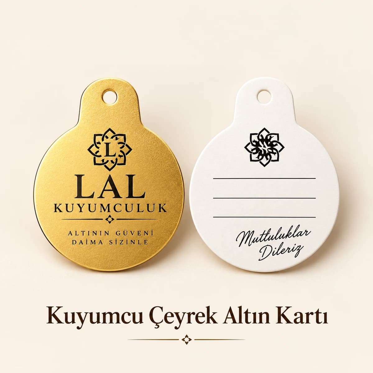 Altın Rengi Altın Kartı Kuyumcu amblemi, adı ve sloganı yazılı altın rengi altın kartı ile not satırlı beyaz arka yüzü