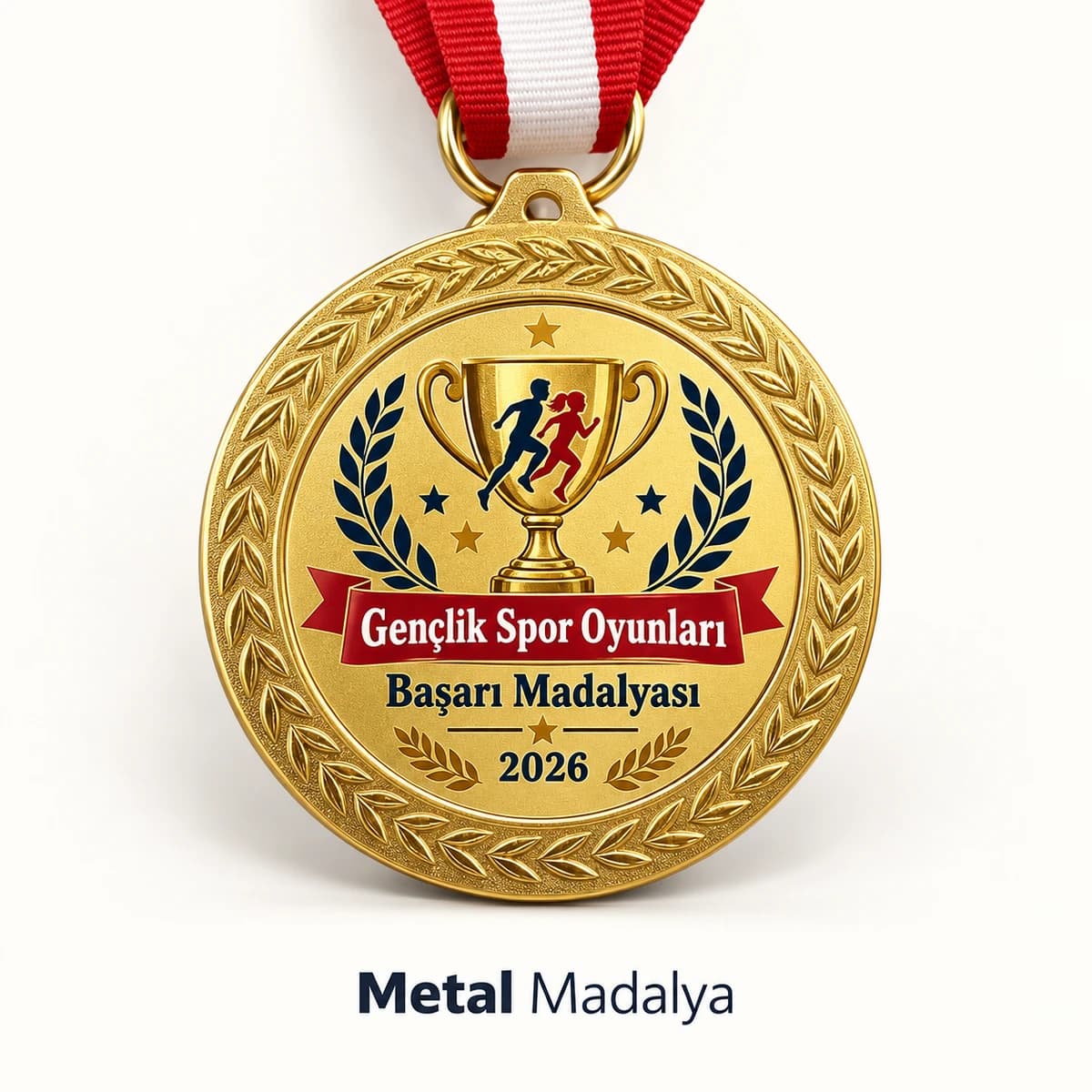 Başarı Madalyası Baskısı Başarı madalyası yazılı, kupa ve koşan sporcu figürlü altın renk metal madalya