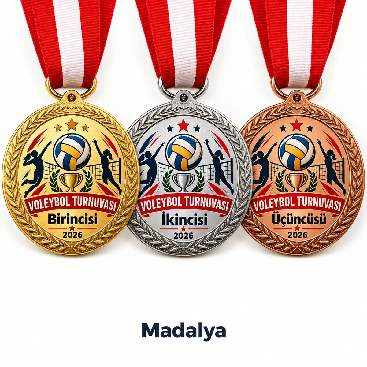 Birincilik, İkincilik ve Üçüncülük Madalyası Birincisi, ikincisi ve üçüncüsü yazılı altın, gümüş ve bronz renk üç madalya yan yana