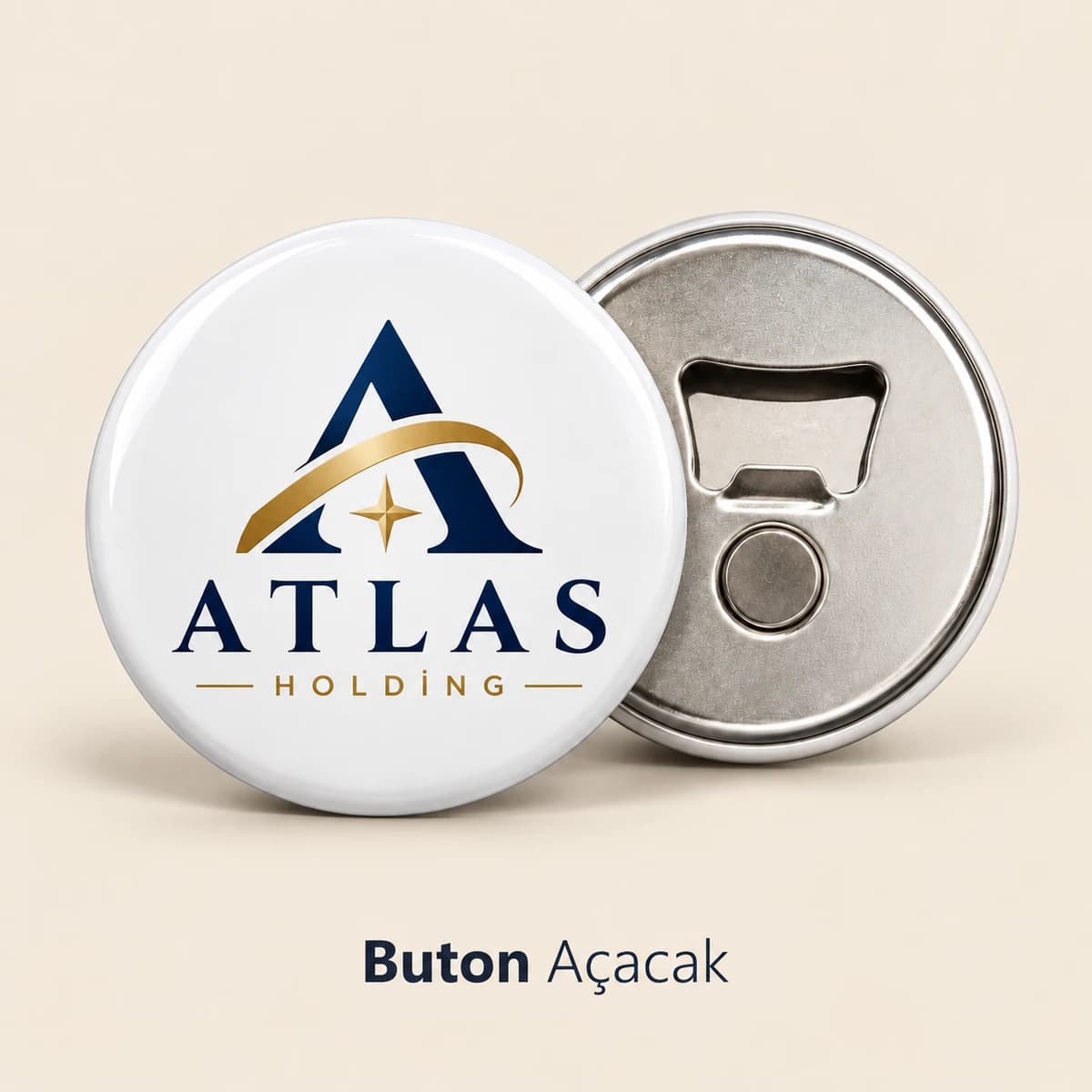 Baskılı Buton Açacak Kurumsal logo baskılı beyaz buton açacak ve mıknatıslı metal arka yüzü