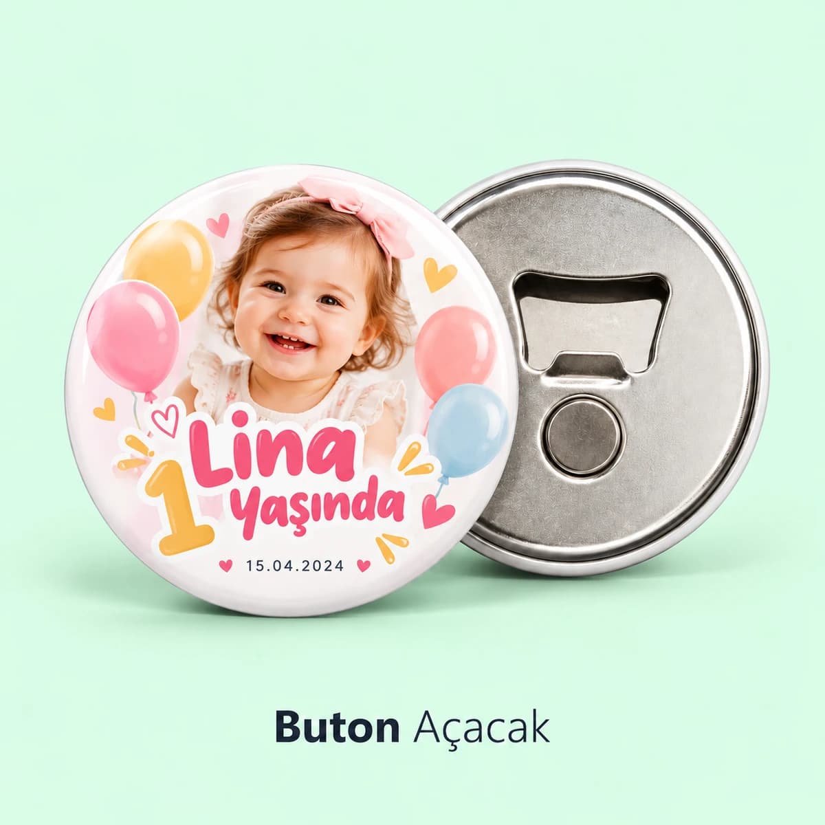 Doğum Günü Açacağı Doğum günü için bebek fotoğraflı, isim ve yaş yazılı balonlu buton açacak
