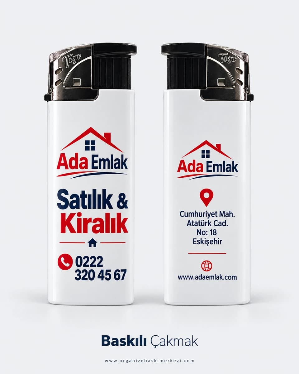 Emlakçı Baskılı Çakmak Emlak ofisi logosu, satılık ve kiralık yazısı ile telefon basılı iki beyaz çakmak