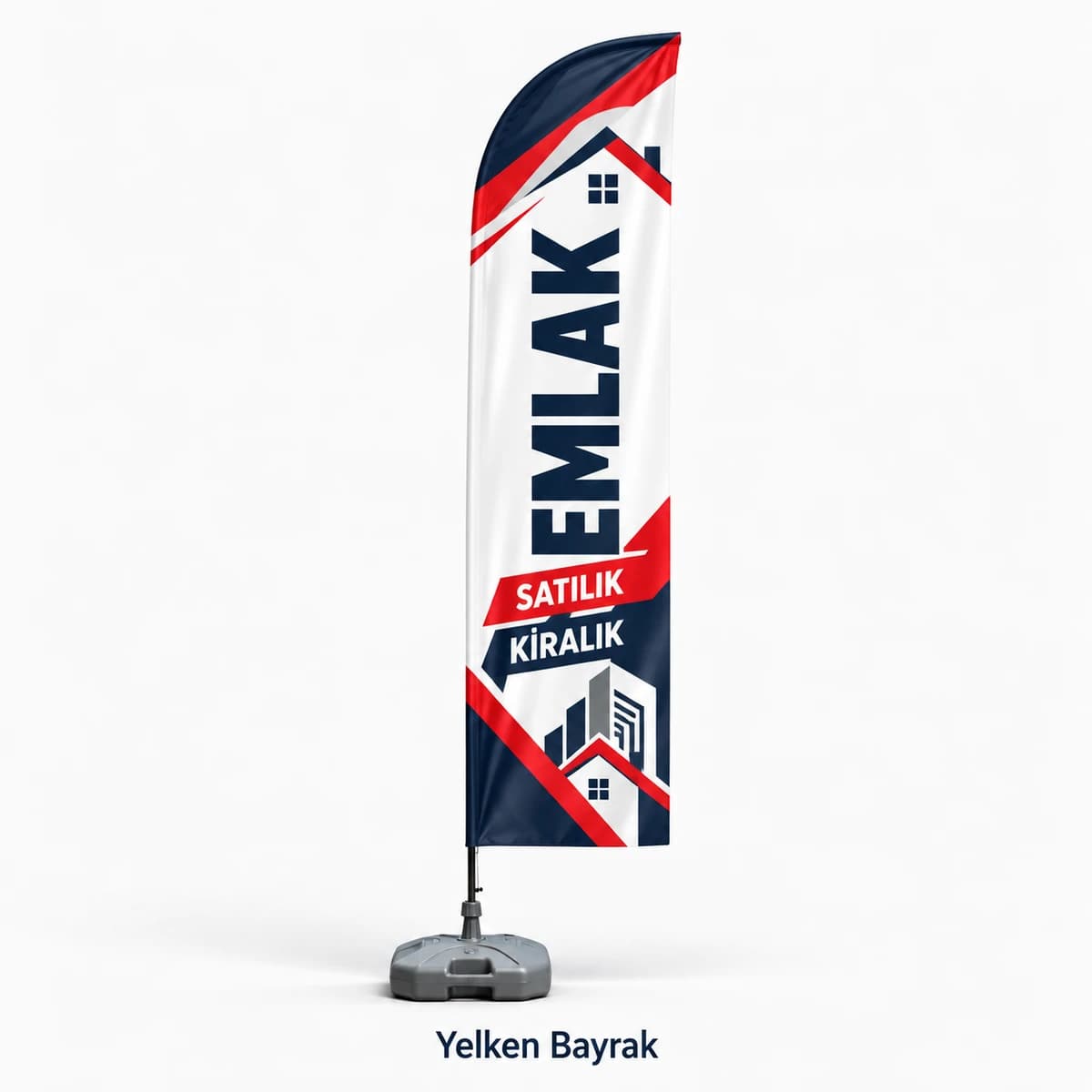 Emlak Ofisi Yelken Bayrak Emlak, satılık ve kiralık yazılı, ev ve bina figürlü lacivert kırmızı ayaklı yelken bayrak
