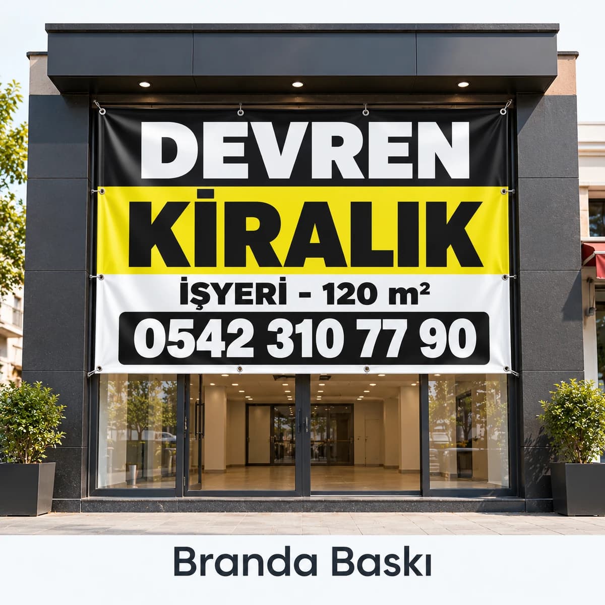 Kiralık İşyeri Branda Baskısı Mağaza vitrininin üstüne gerilmiş, devren kiralık işyeri yazılı sarı siyah branda