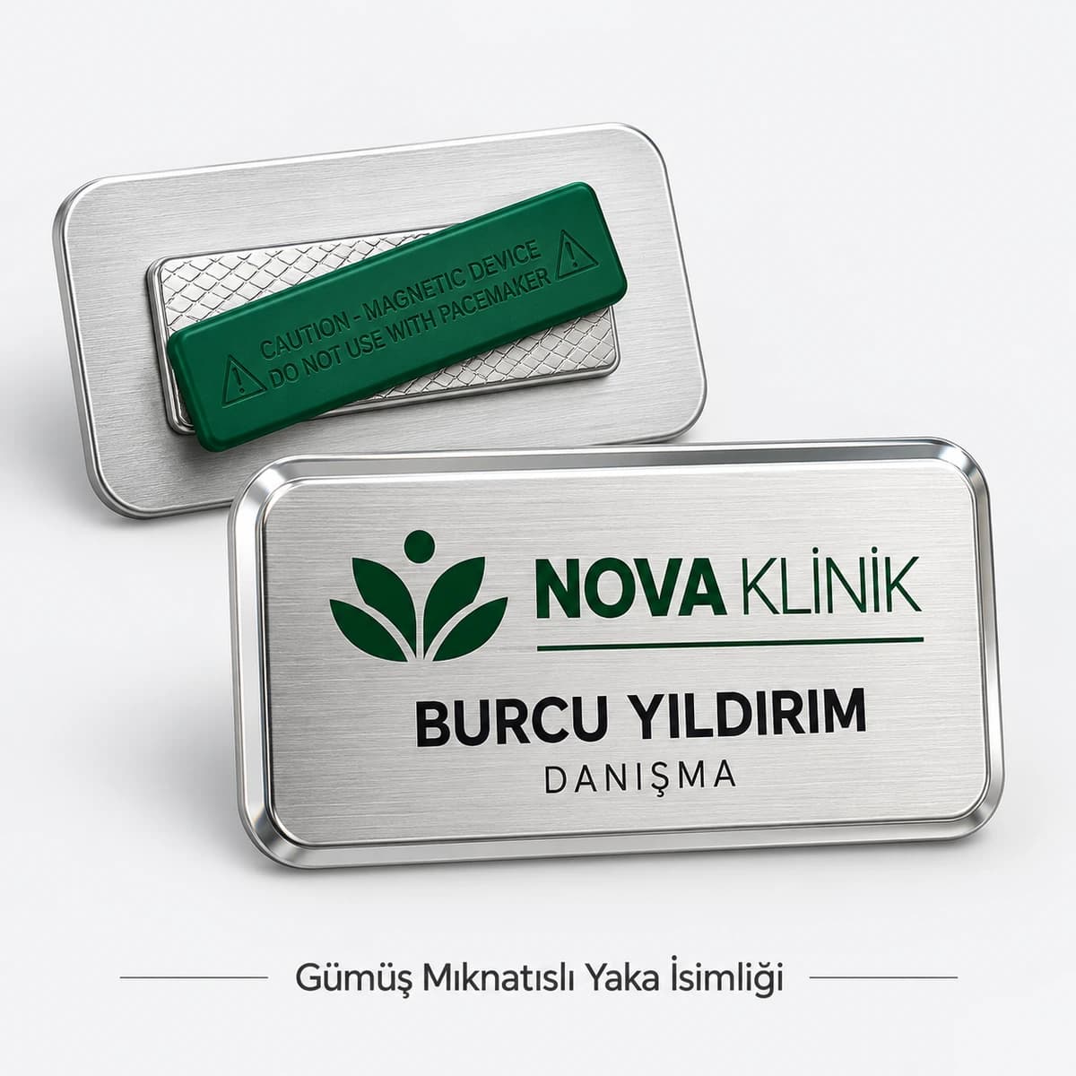 Klinik ve Sağlık Personeli Yaka İsimliği Klinik logosu, isim ve danışma görevi yazılı gümüş mıknatıslı yaka isimliği
