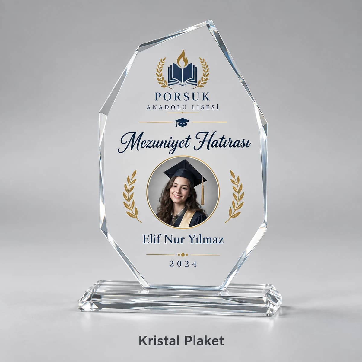 Lise mezuniyeti için fotoğraflı kristal plaket örneği
