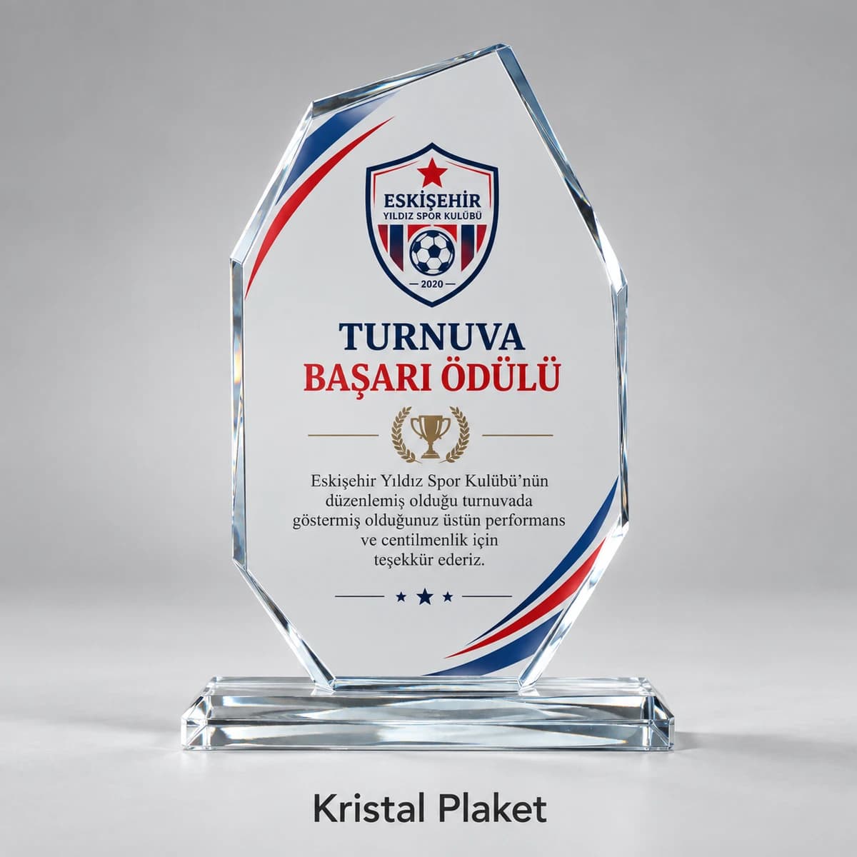Futbol turnuvası başarı ödülü kristal plaket örneği