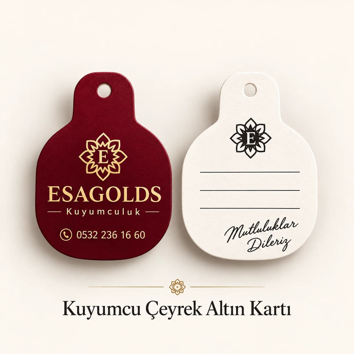 Kuyumcu Logolu Altın Kartı Kuyumcu logosu, adı ve telefonu yazılı bordo altın kartı ile not satırlı beyaz arka yüzü
