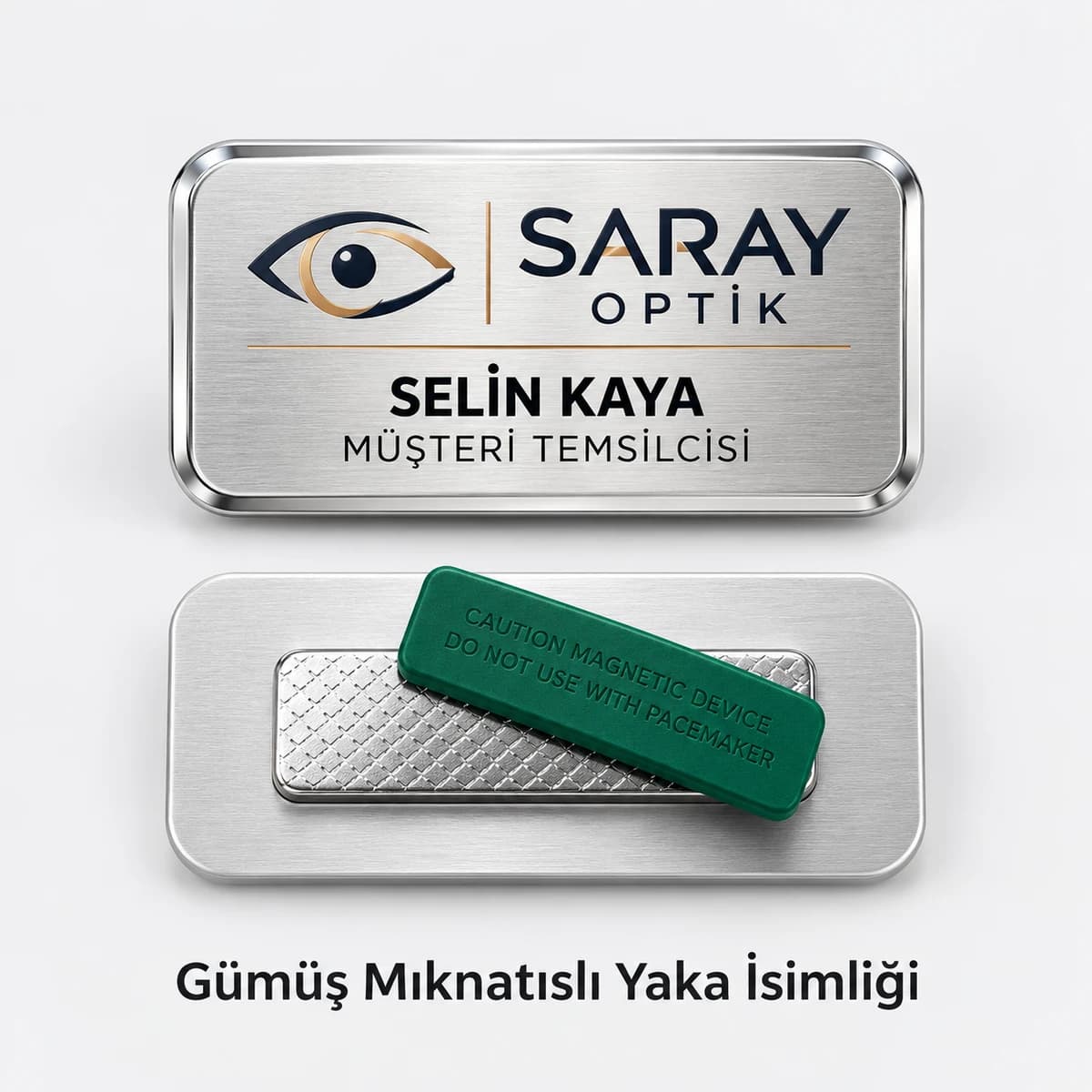 Mağaza Personeli Yaka İsimliği Optik mağazası logosu, isim ve müşteri temsilcisi unvanı yazılı gümüş mıknatıslı yaka isimliği