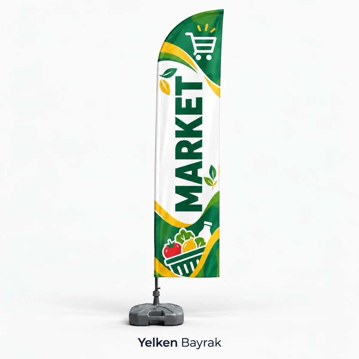 Market ve Bakkal Yelken Bayrak Market yazılı, alışveriş arabası ve sebze sepeti figürlü yeşil beyaz ayaklı yelken bayrak