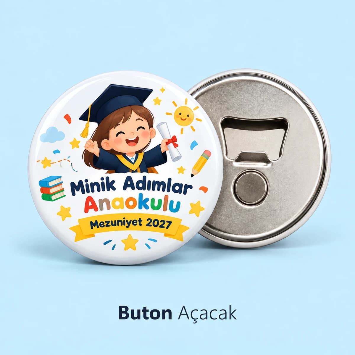 Mezuniyet Açacağı Anaokulu mezuniyeti için kepli çocuk çizimli, okul adı ve yıl yazılı buton açacak