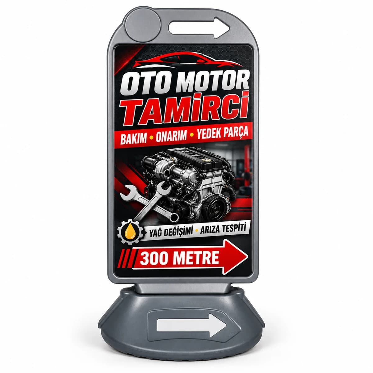 Baskılı Reklam Dubası Oto motor tamircisi için hizmet bilgisi, mesafe ve sağ yön oku baskılı gri reklam dubası