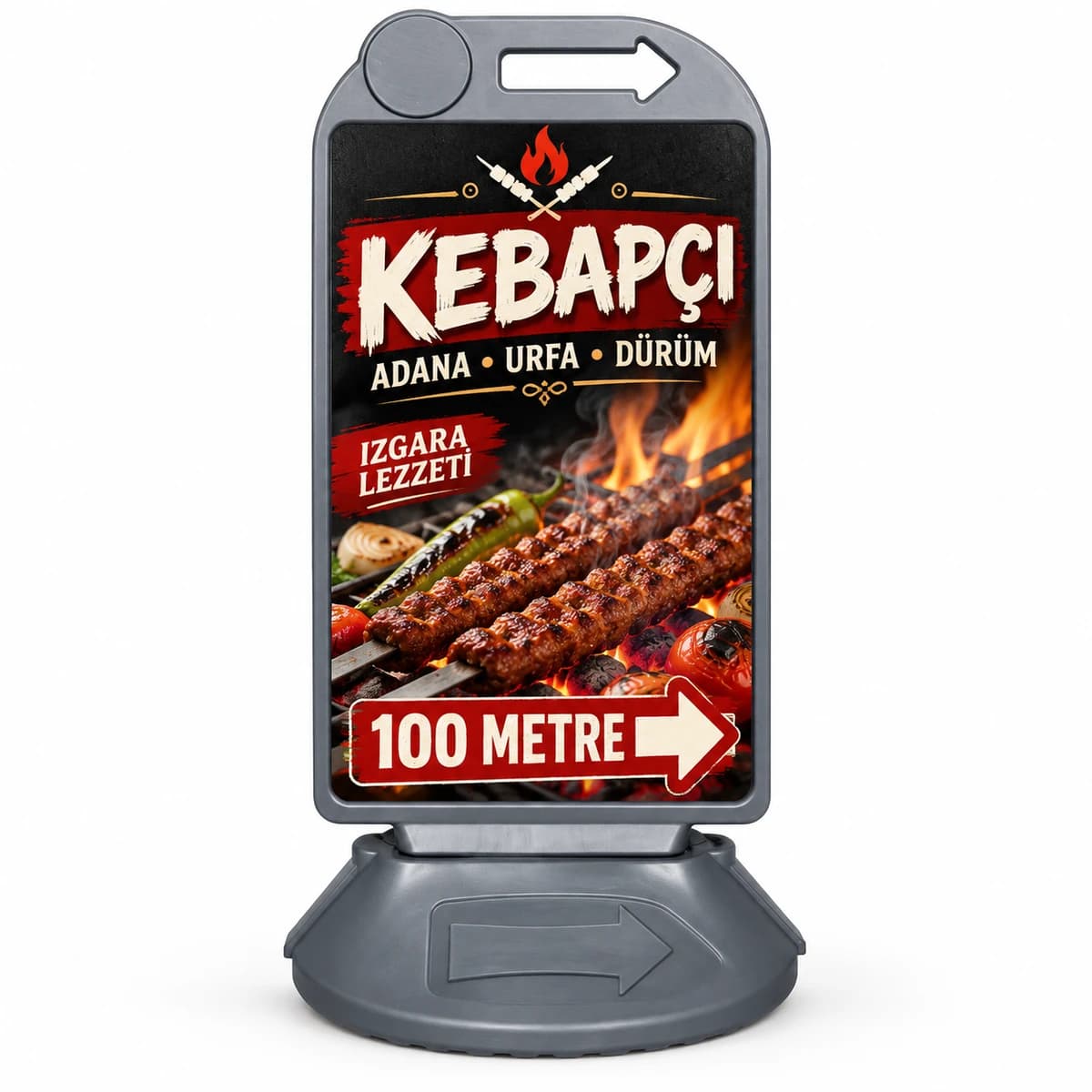 Restoran ve Lokanta Reklam Dubası Kebapçı için ızgara kebap görselli, mesafe ve sağ yön oku baskılı gri reklam dubası