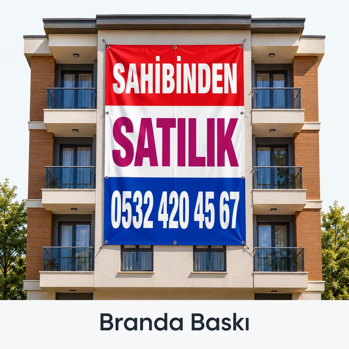 Satılık Daire ve Bina Branda Baskısı Apartman cephesine asılı, sahibinden satılık ve telefon yazılı kırmızı beyaz mavi branda