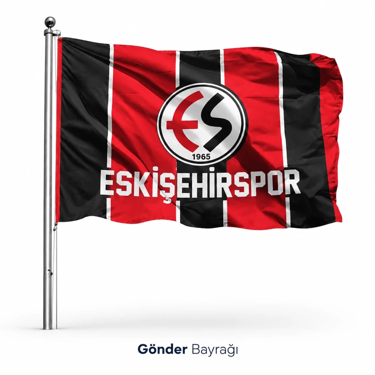 Spor Kulübü ve Taraftar Bayrağı Direkte dalgalanan, kırmızı siyah çizgili zemin üzerine kulüp arması baskılı taraftar bayrağı