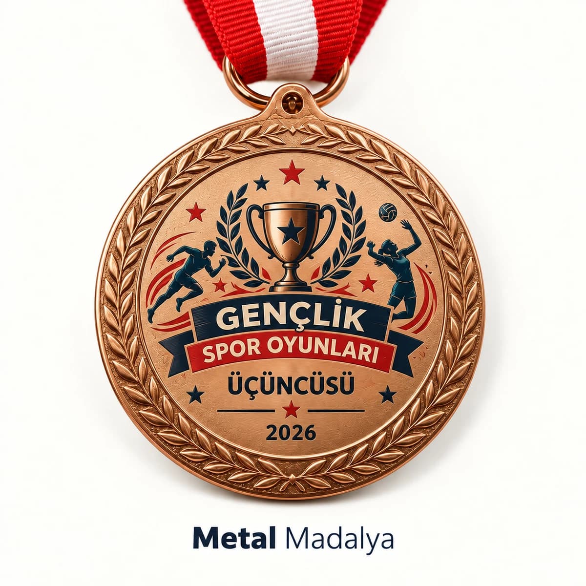 Spor Müsabaka Madalyası Gençlik spor oyunları üçüncüsü yazılı, kupa ve sporcu figürlü bronz renk madalya