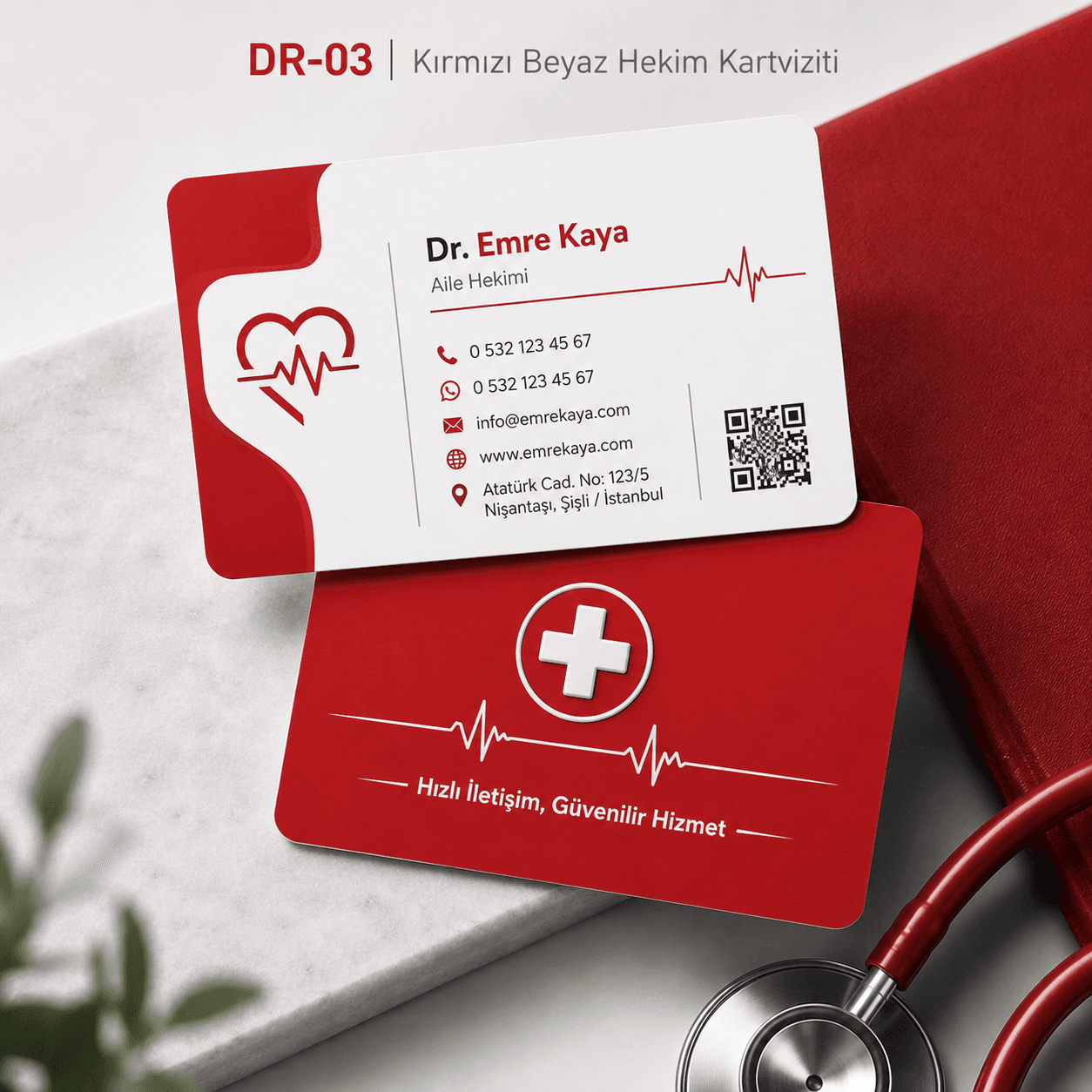 Kırmızı Beyaz Hekim Kartviziti ön ve arka yüz gerçek tasarım örneği