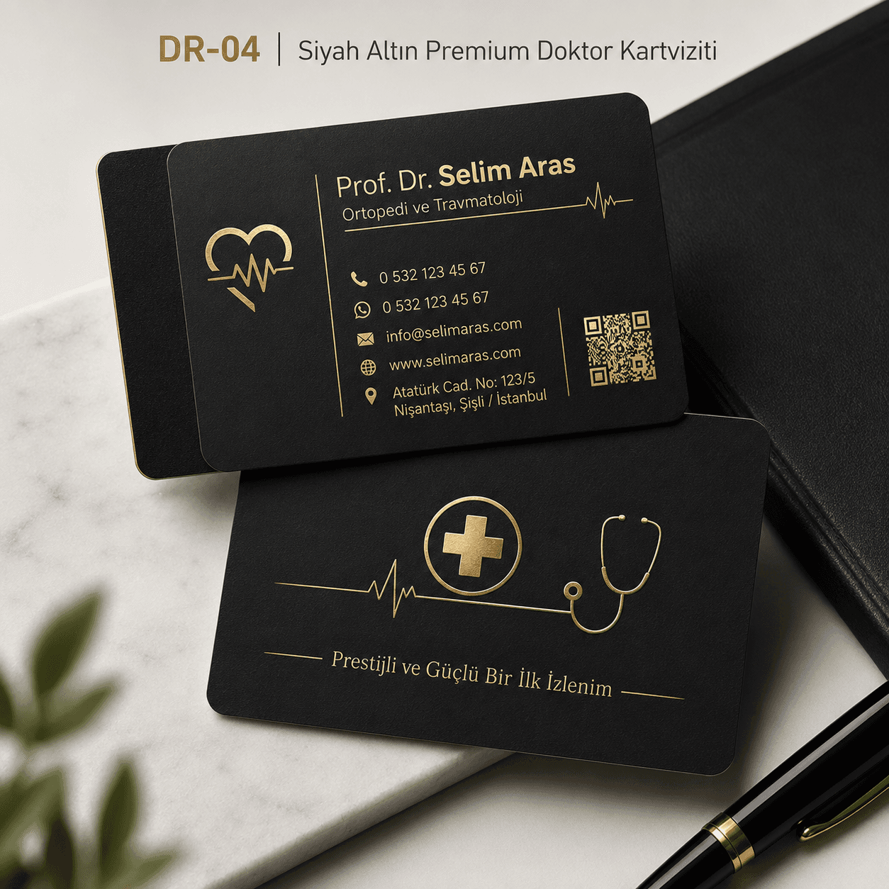 Siyah Altın Premium Doktor Kartviziti ön ve arka yüz gerçek tasarım örneği