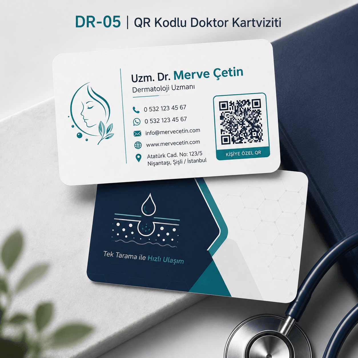 QR Kodlu Dermatoloji Doktor Kartviziti ön ve arka yüz gerçek tasarım örneği