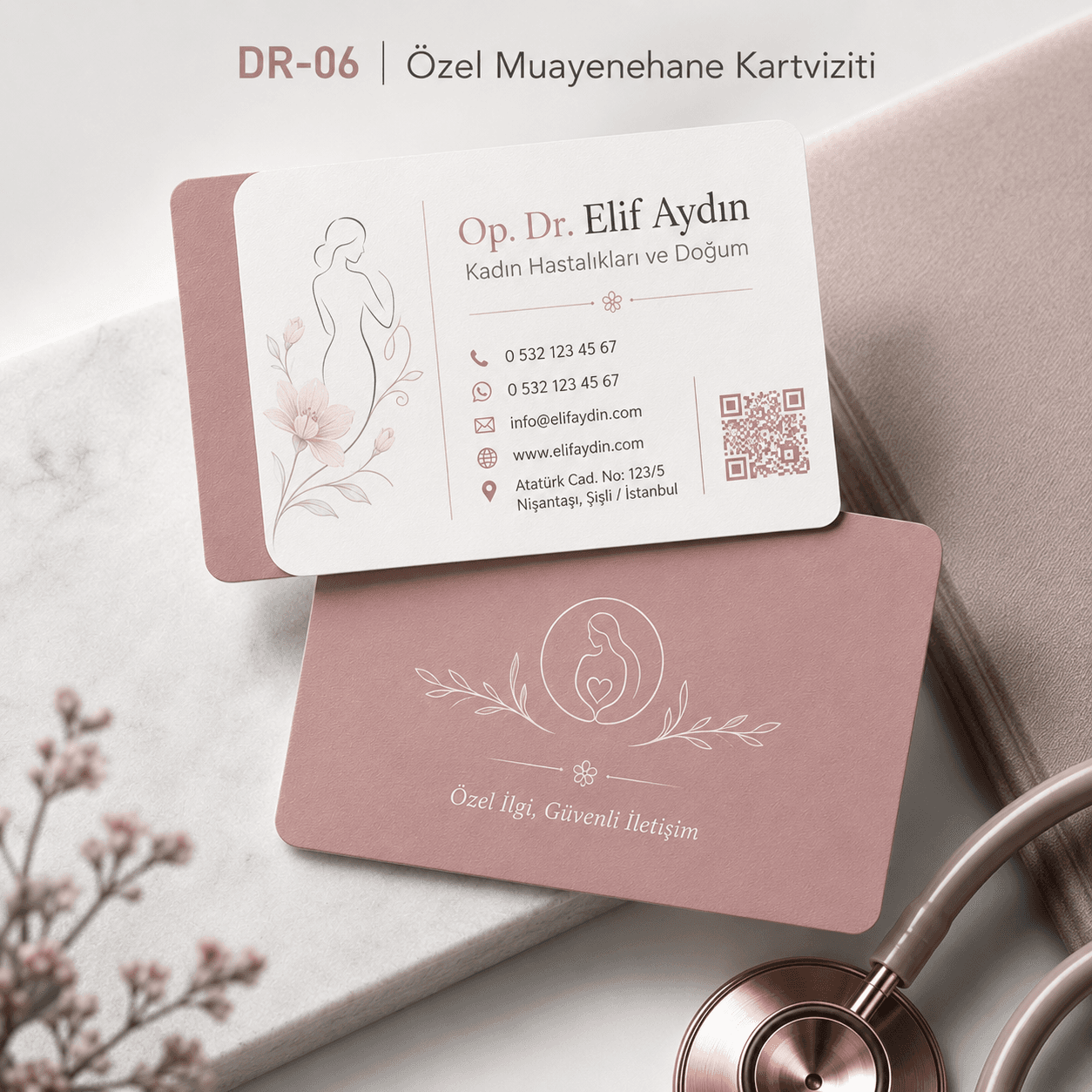 Pudra Özel Muayenehane Doktor Kartviziti ön ve arka yüz gerçek tasarım örneği
