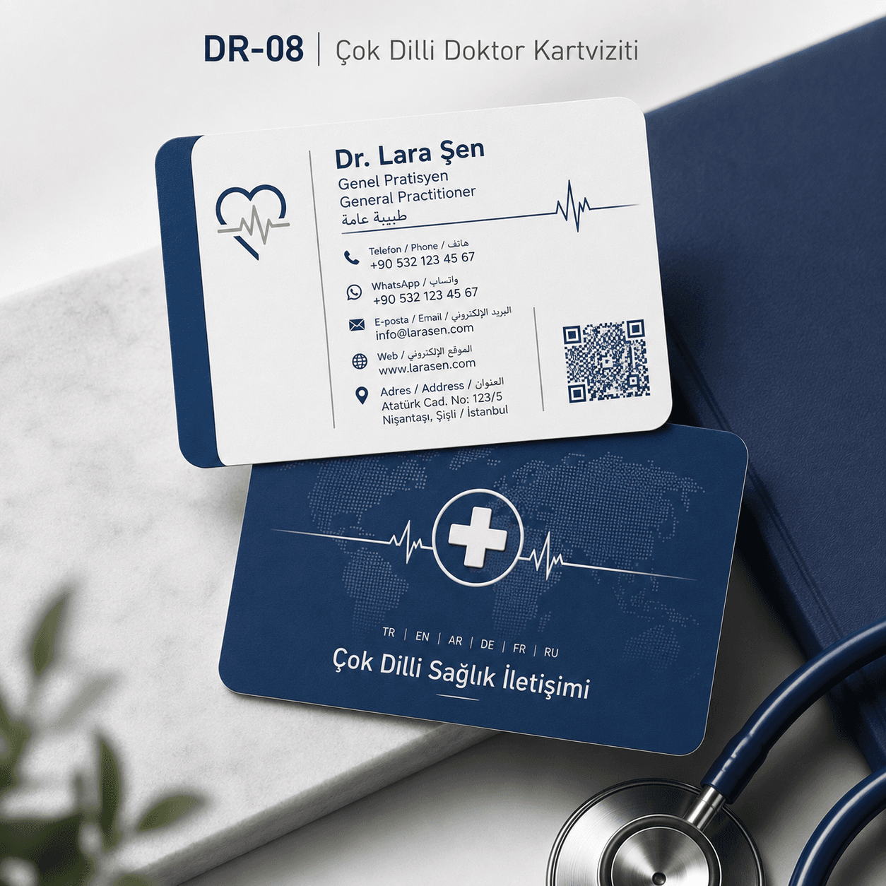 Çok Dilli Doktor Kartviziti ön ve arka yüz gerçek tasarım örneği