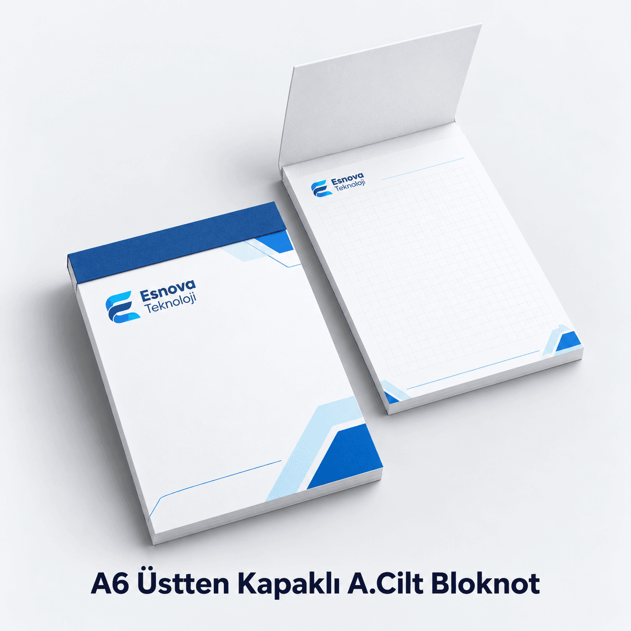Kapağı açık ve kapalı haliyle A6 (9 × 13 cm) üstten kapaklı A.Cilt bloknot