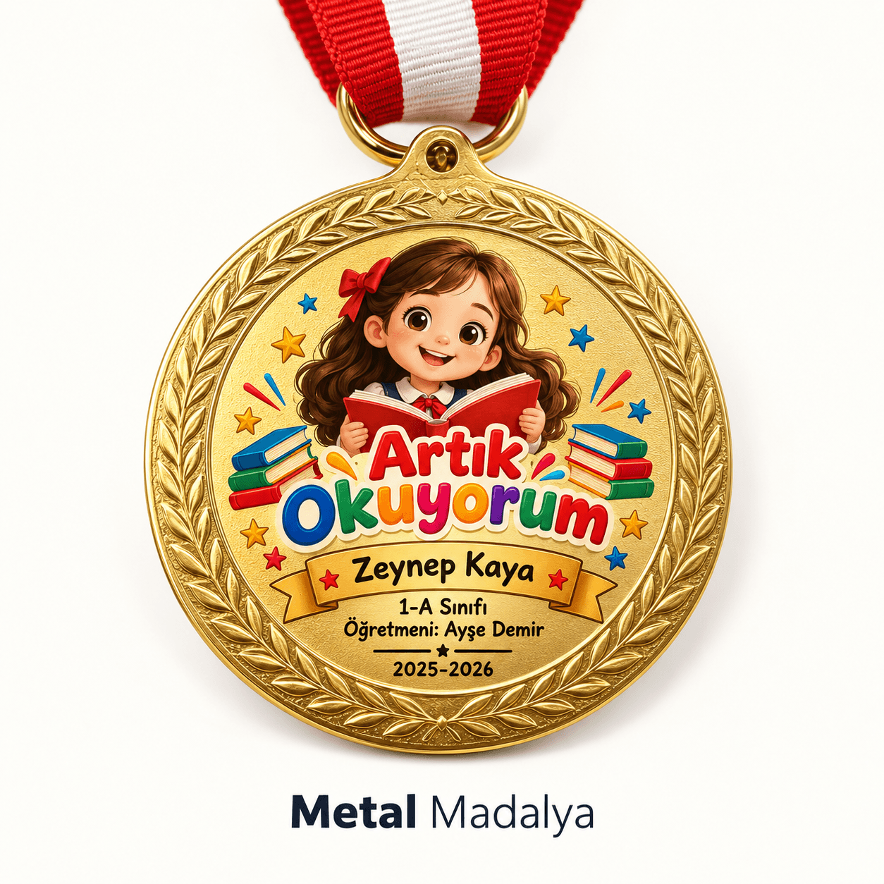 Artık Okuyorum yazılı, kitap okuyan kız çocuk çizimli altın renk öğrenci madalyası