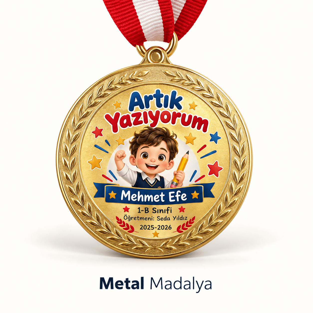 Artık Yazıyorum yazılı, elinde kalem tutan erkek çocuk çizimli altın renk öğrenci madalyası
