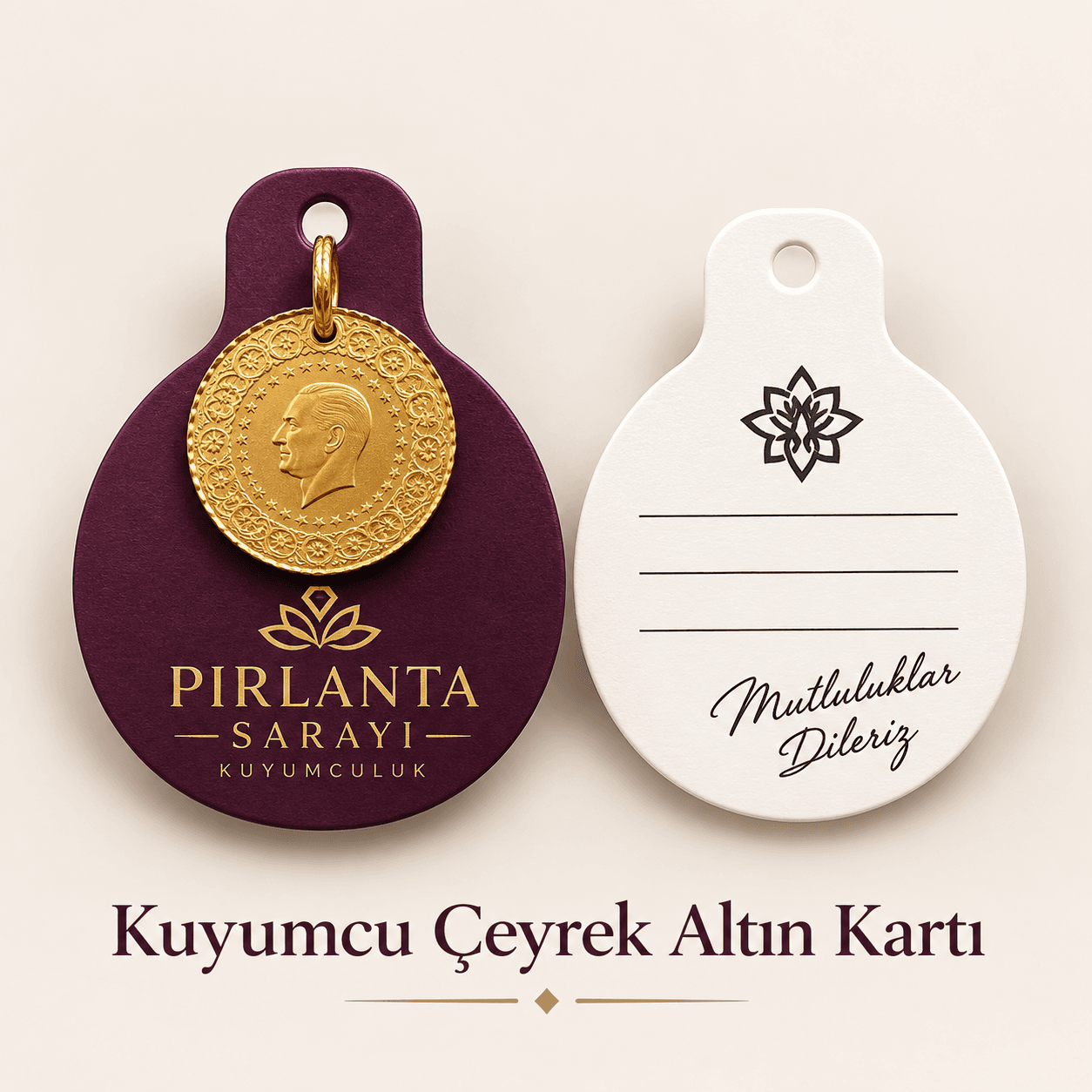 Üzerine çeyrek altın takılmış, kuyumcu logolu mor altın kartı ve not satırlı beyaz arka yüzü