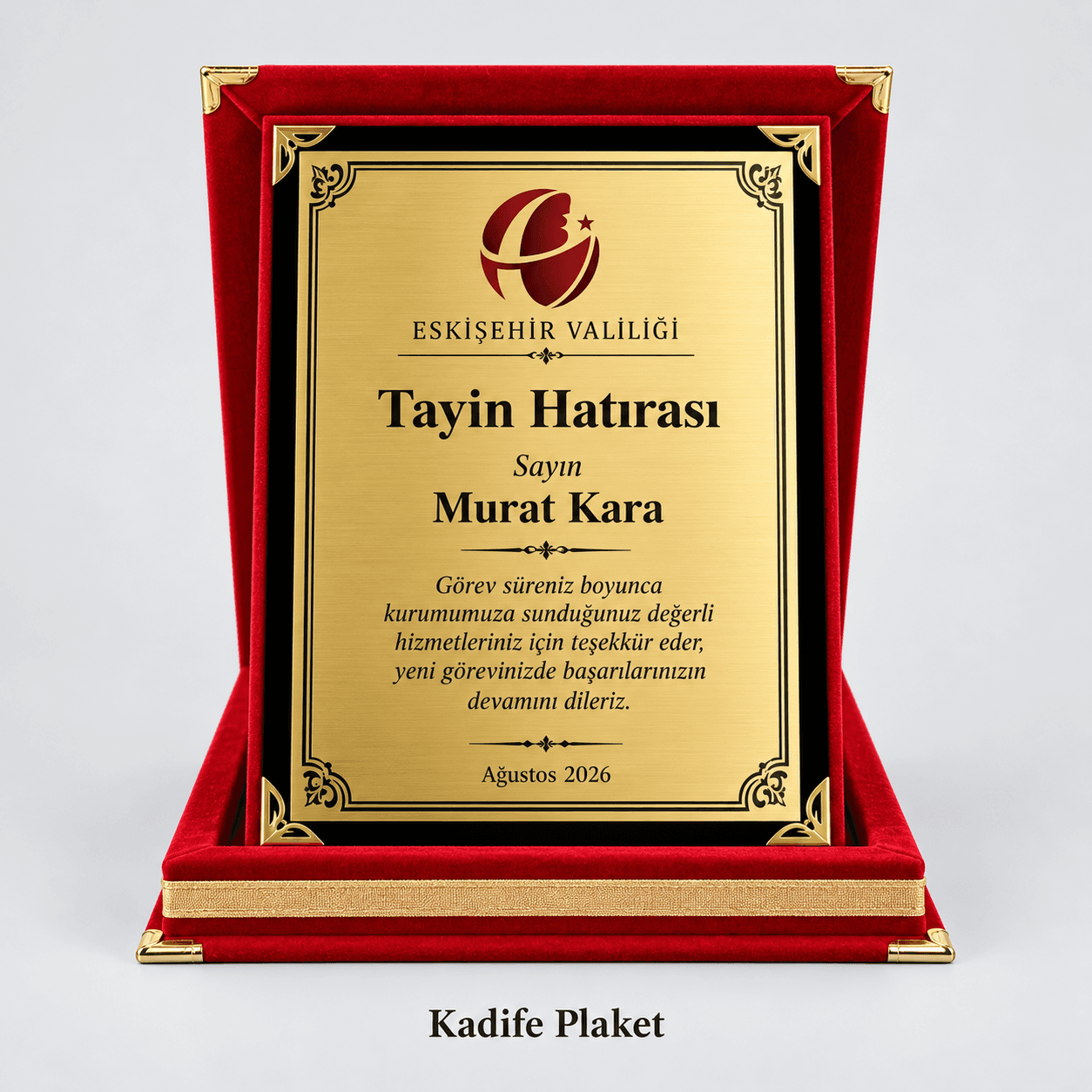 Kırmızı kadife kutulu tayin hatırası plaketi örneği