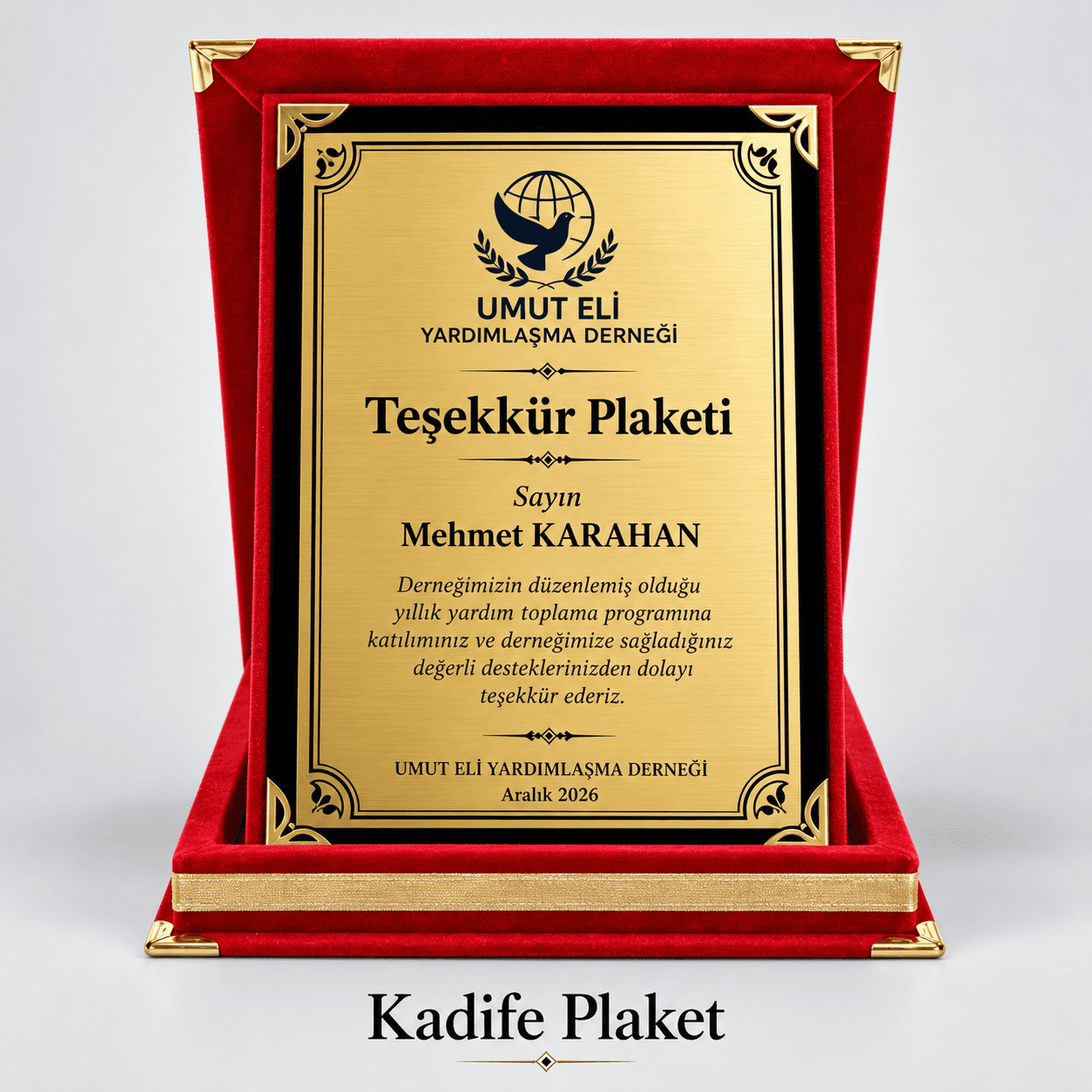 Kırmızı kadife kutulu teşekkür plaketi örneği