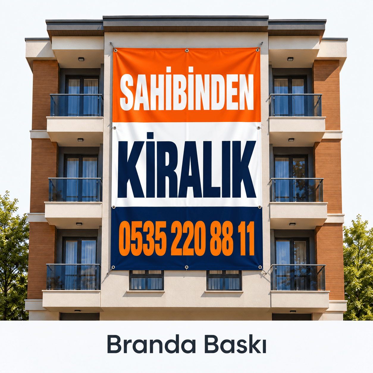 Apartman cephesine asılı, sahibinden kiralık yazılı turuncu beyaz lacivert branda