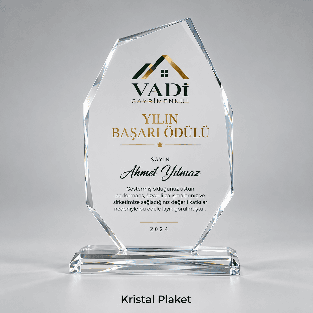 Yılın başarı ödülü için kristal plaket örneği