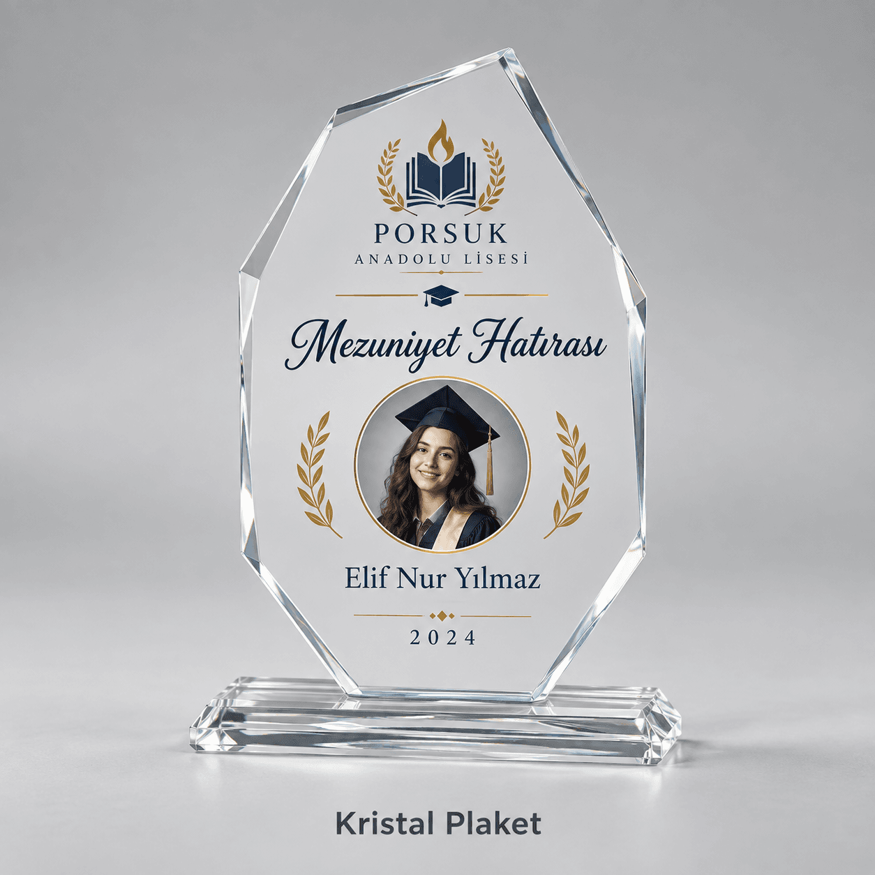 Lise mezuniyeti için fotoğraflı kristal plaket örneği
