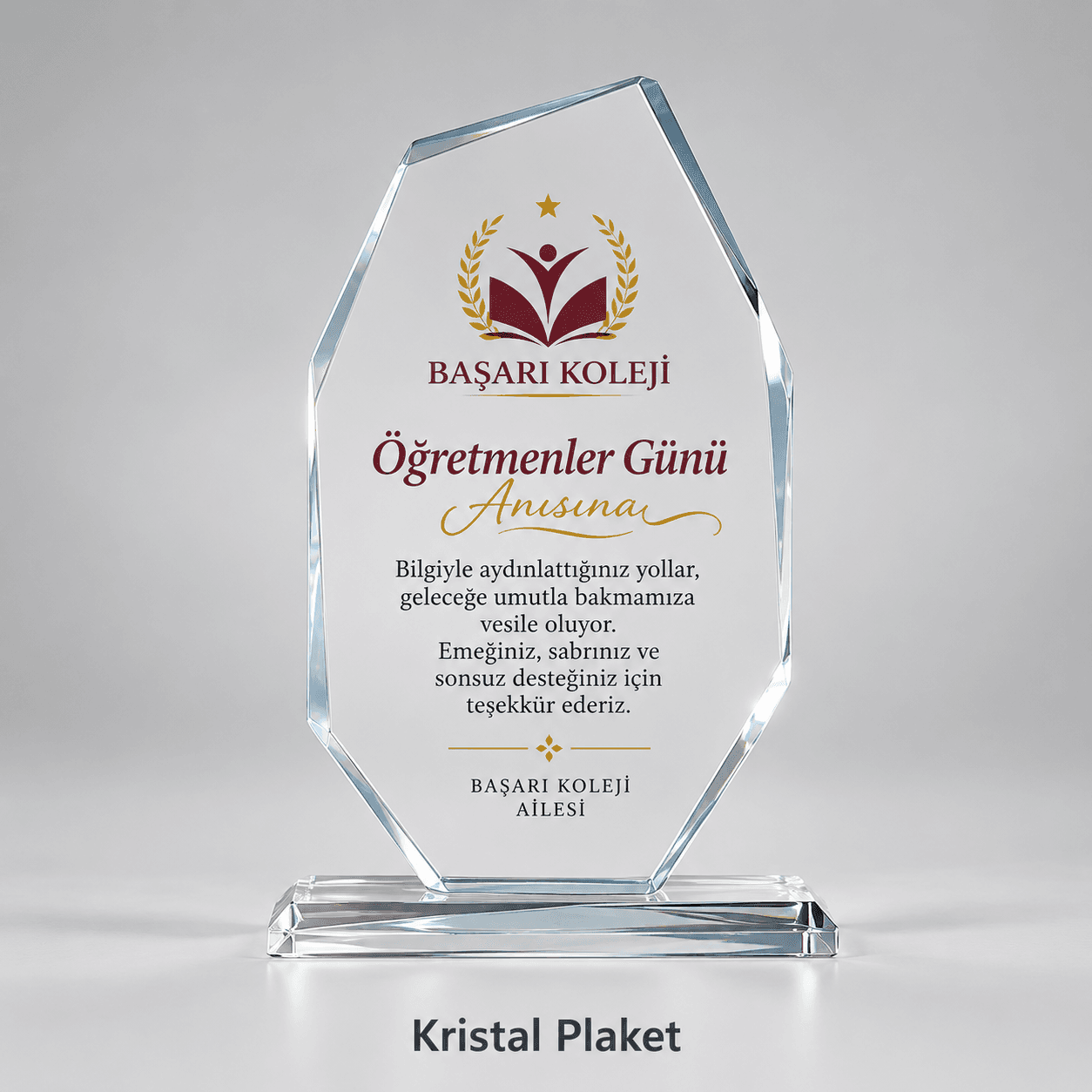 Öğretmenler Günü için kristal plaket örneği