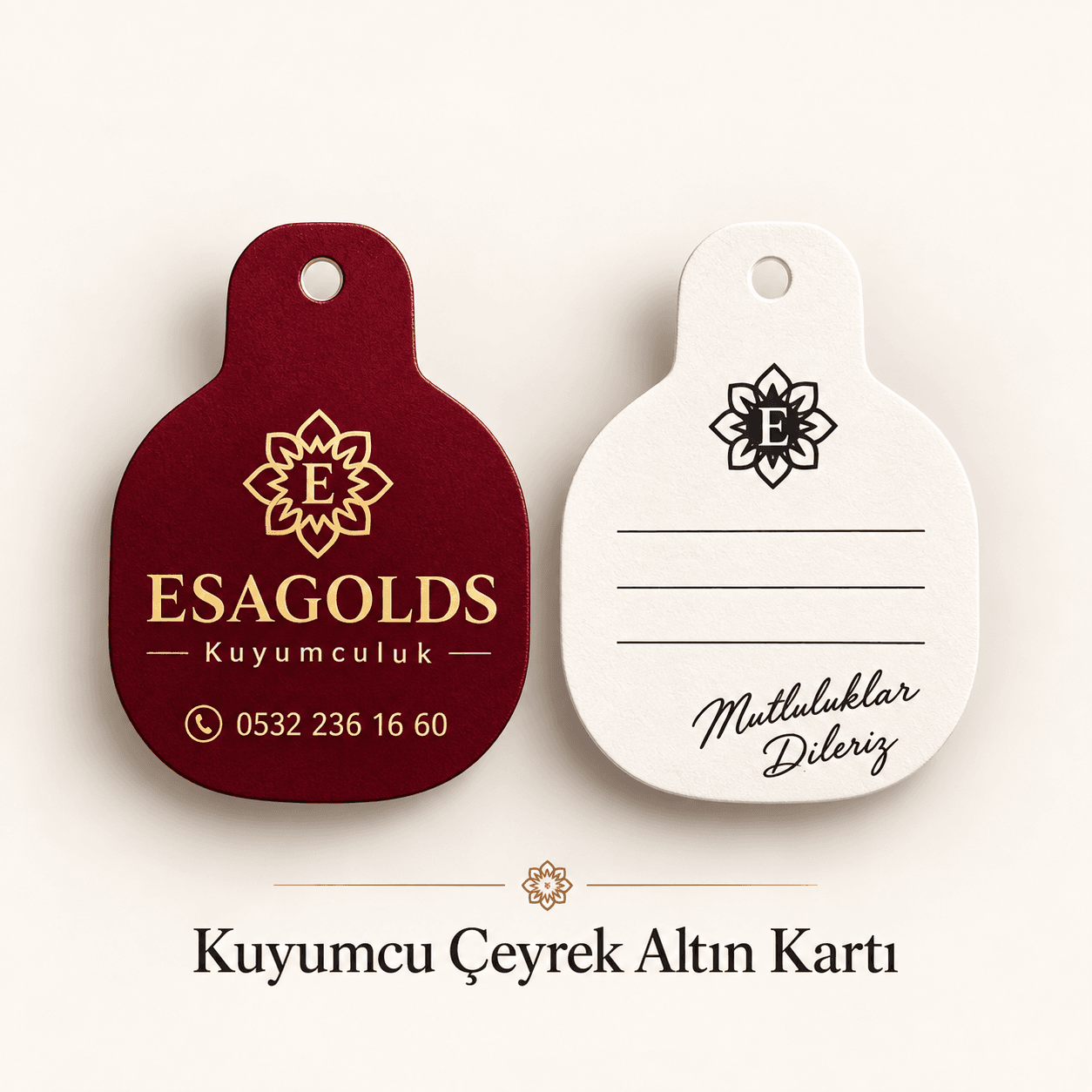 Kuyumcu logosu, adı ve telefonu yazılı bordo altın kartı ile not satırlı beyaz arka yüzü